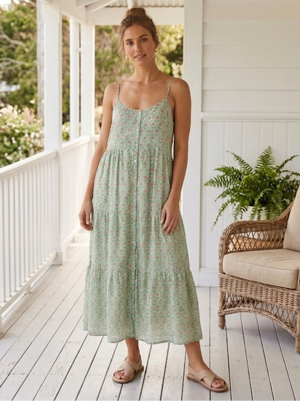 Marea Siesta Dress Mint Green Block Print Cotton Frock Size Large